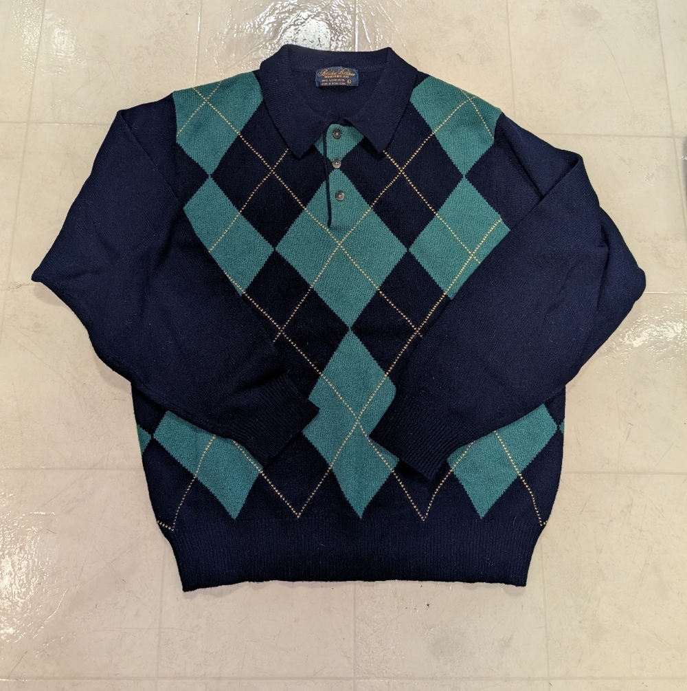 Brooks Brothers Lambswool Argyle Knit Polo Sweater Large Navy Green